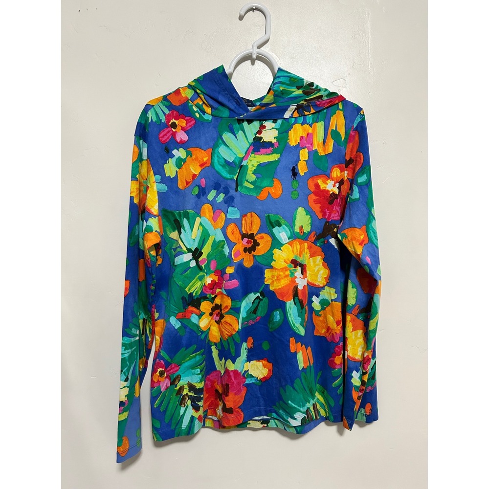 Polo Ralph Lauren Mens Blue Tropical Floral Print Long Sleeve Hooded T-Shirt M - Picture 2 of 12